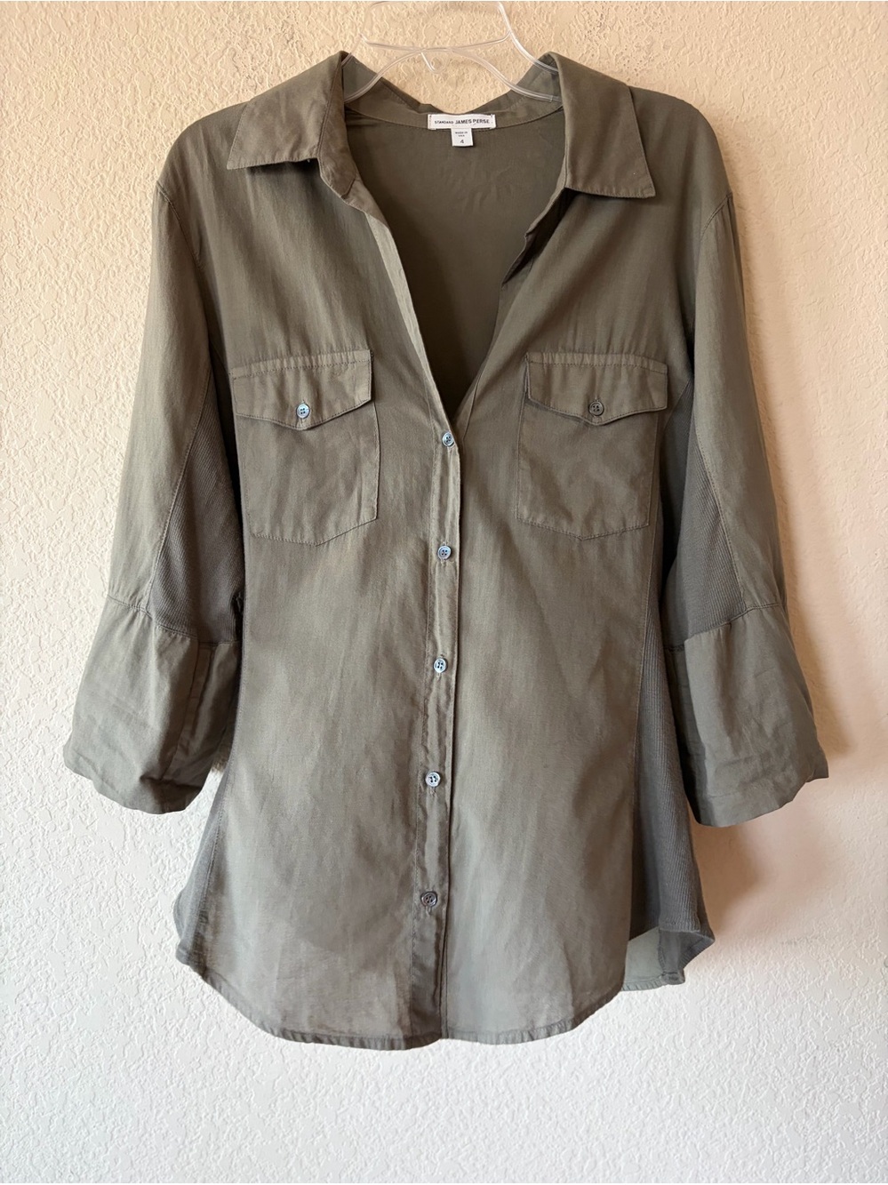 James Perse Sheer Slub Side Panel Shirt Olive Green XL